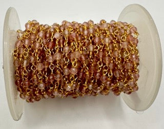 Strawberry quartz facetted round 3mm 14k gold plated wire wrapping chain sell by 25 feet